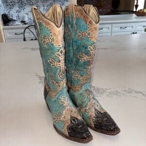 Ferrini Cowboy Western Boots Tan & Aqua Blue Leather Womens Sz 7 B Snip Toe